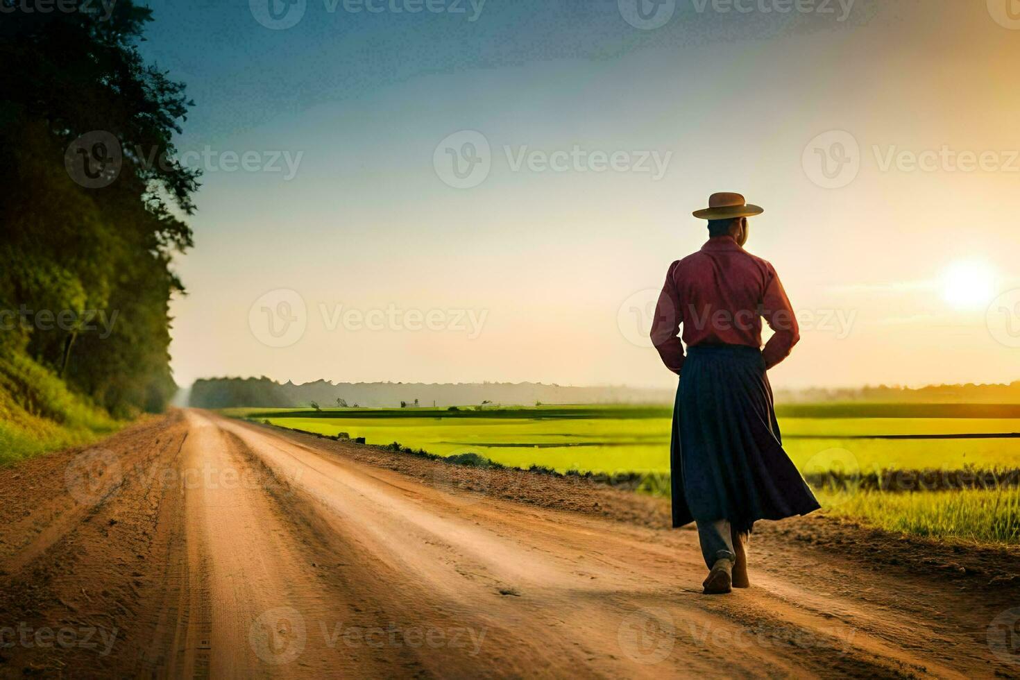 un hombre en un sombrero y falda caminando abajo un suciedad la carretera. generado  por ai 31945092 Foto de stock en Vecteezy