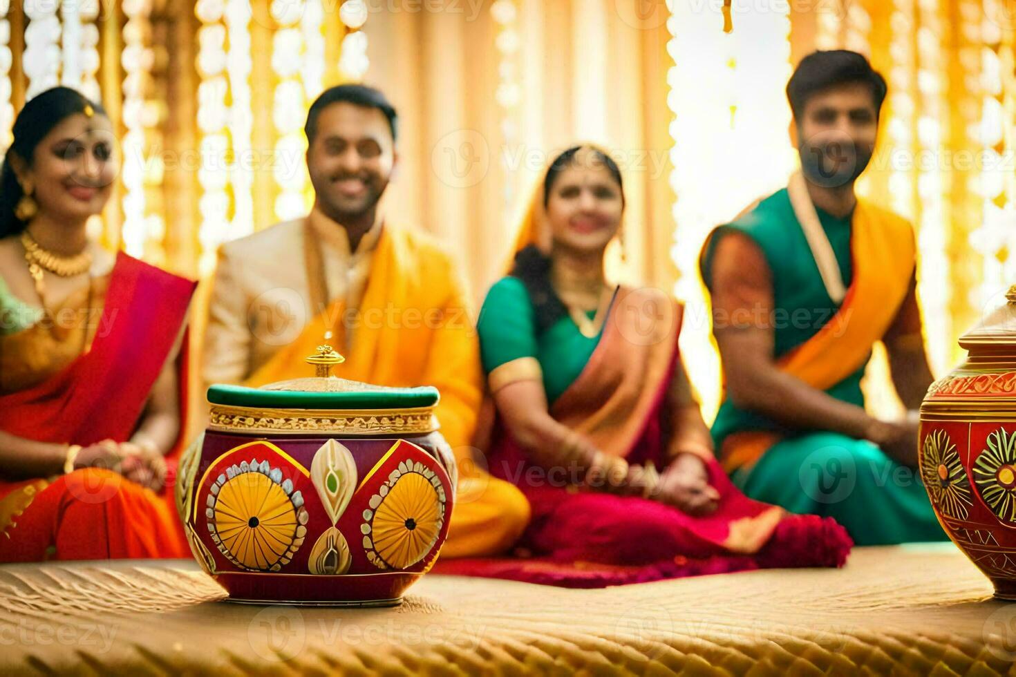 a group of people in indian attire sitting around a pot. AI-Generated photo