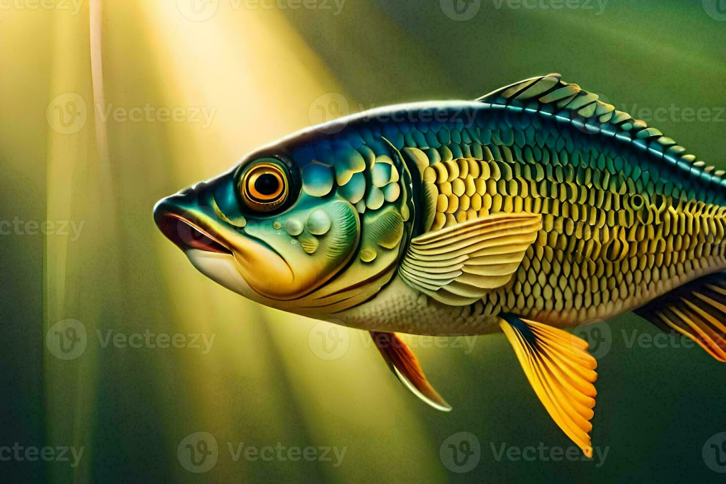 a fish with bright yellow eyes and green fins. AI-Generated photo