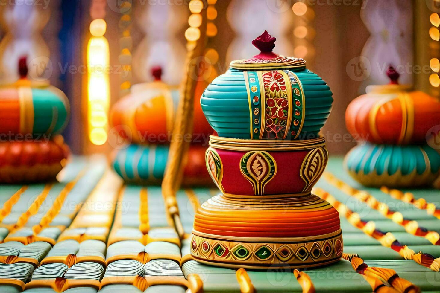 colorful decorative lamps on a table with lights. AI-Generated photo