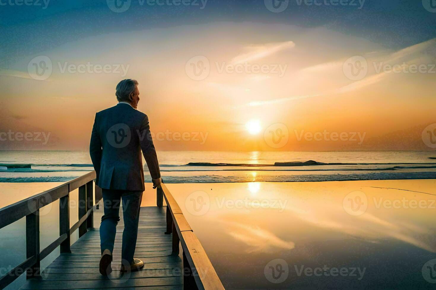 a man in a suit walks on a pier at sunset. AI-Generated photo