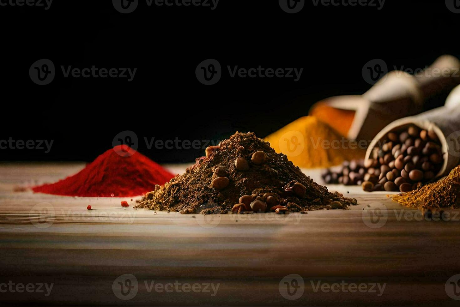spices and spices on a wooden table. AI-Generated photo