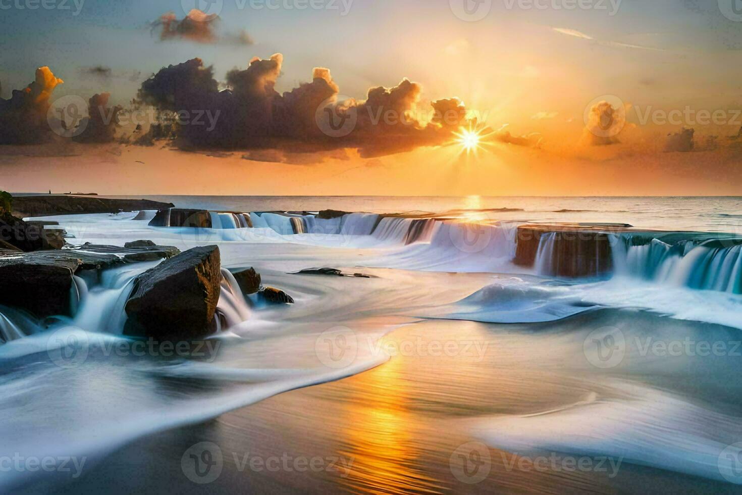 the sun sets over a beautiful ocean with waterfalls. AI-Generated photo