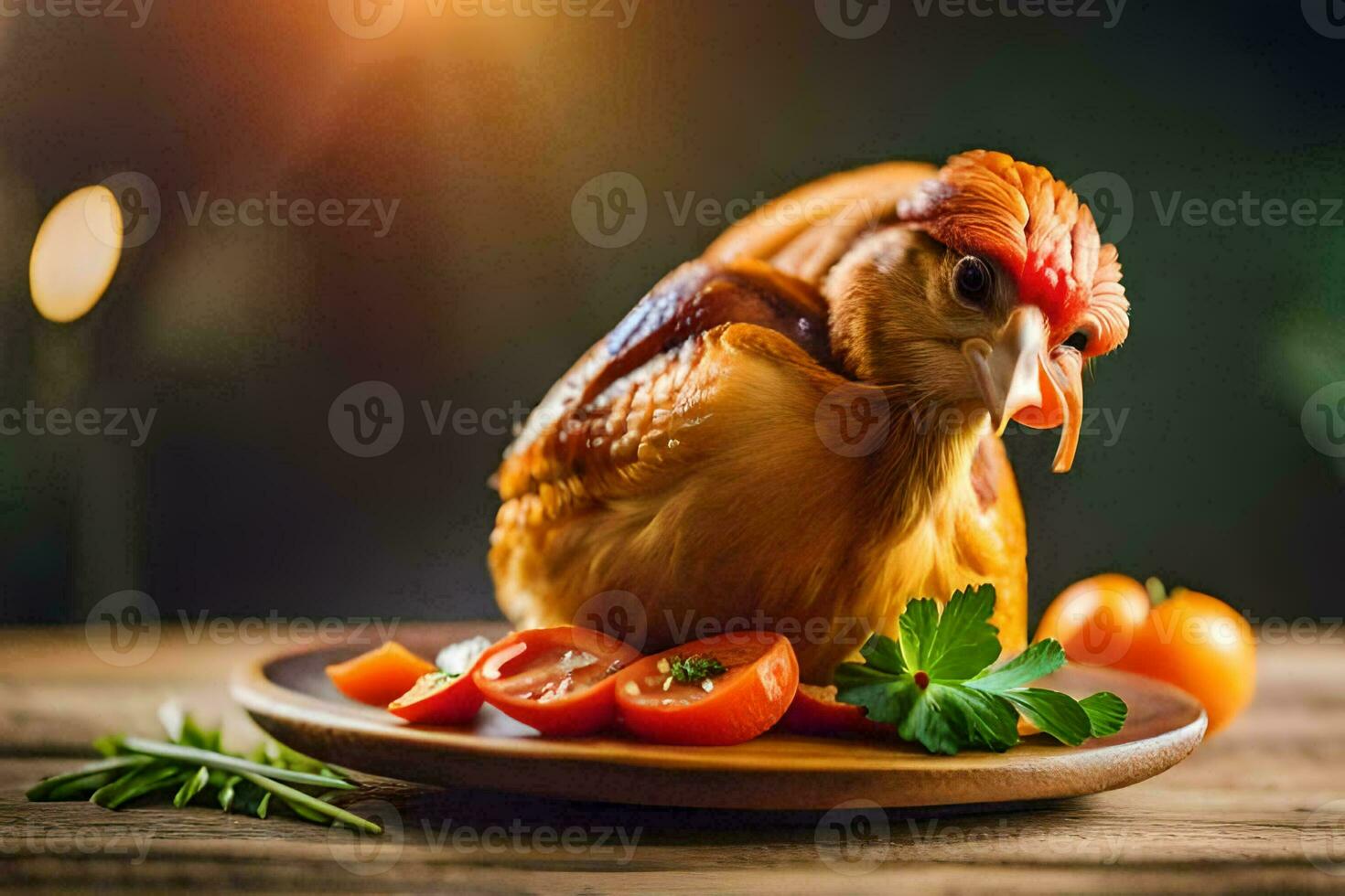 a chicken is sitting on a plate with tomatoes. AI-Generated photo