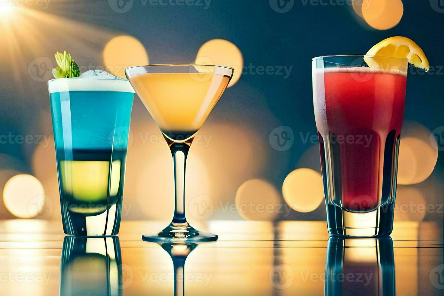 three different colored cocktails on a table. AI-Generated photo