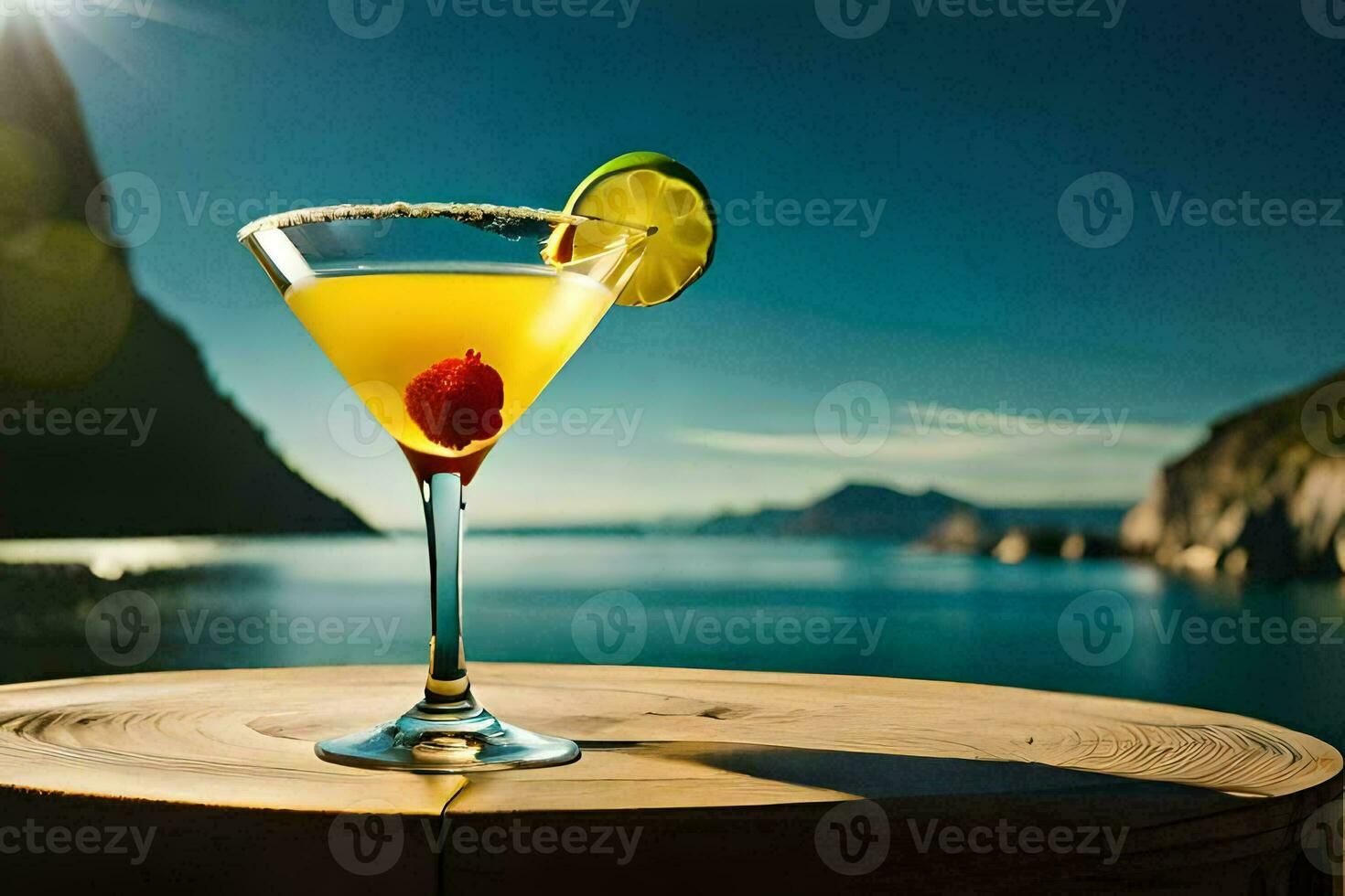 a cocktail on a table with a view of the ocean. AI-Generated photo