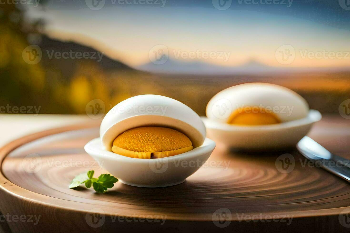 two eggs in small bowls on a table. AI-Generated photo