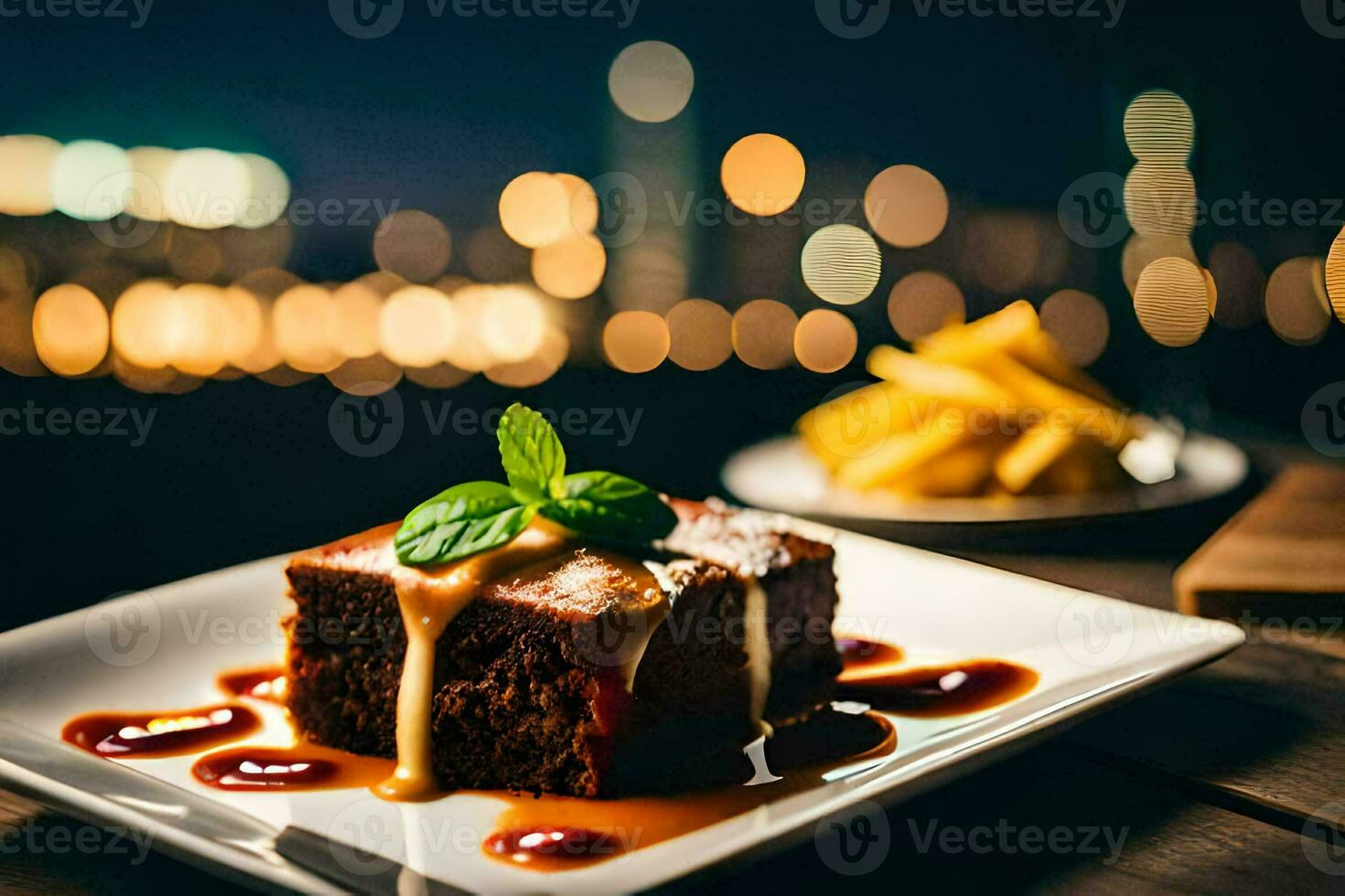 a piece of chocolate cake with sauce and fries on a plate. AI-Generated photo