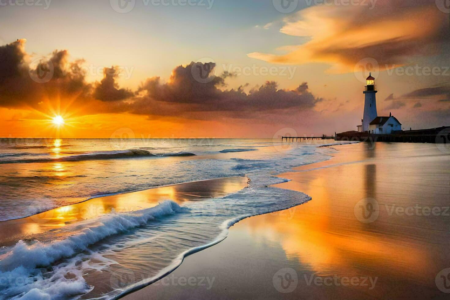 the lighthouse at sunset on the beach. AI-Generated photo