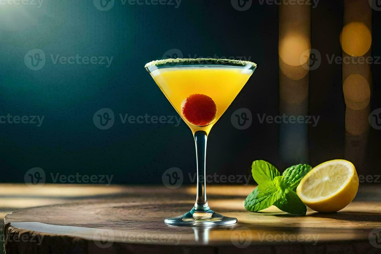 cocktail with lemon and mint on a wooden table. AI-Generated photo