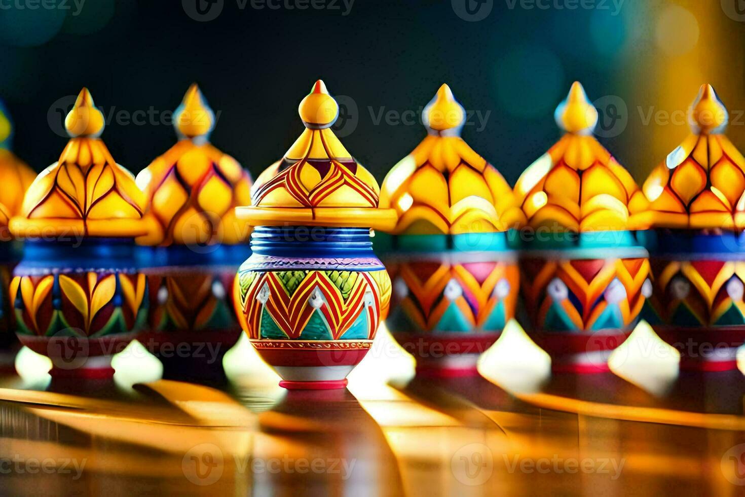 colorful wooden figurines are lined up in a row. AI-Generated photo