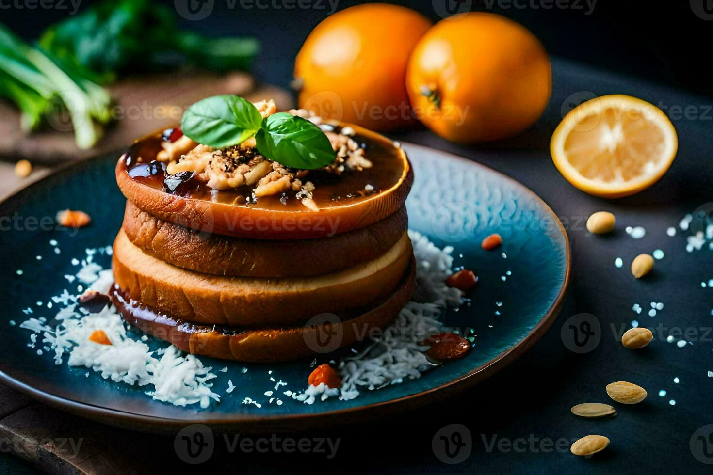 a stack of pancakes with nuts and oranges on top. AI-Generated photo