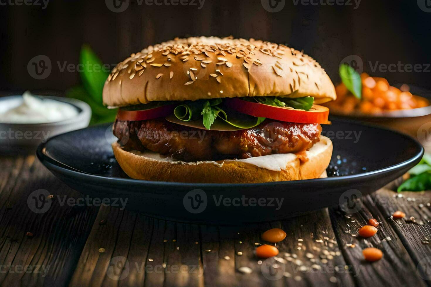a hamburger with tomatoes and cheese on a black plate. AI-Generated photo
