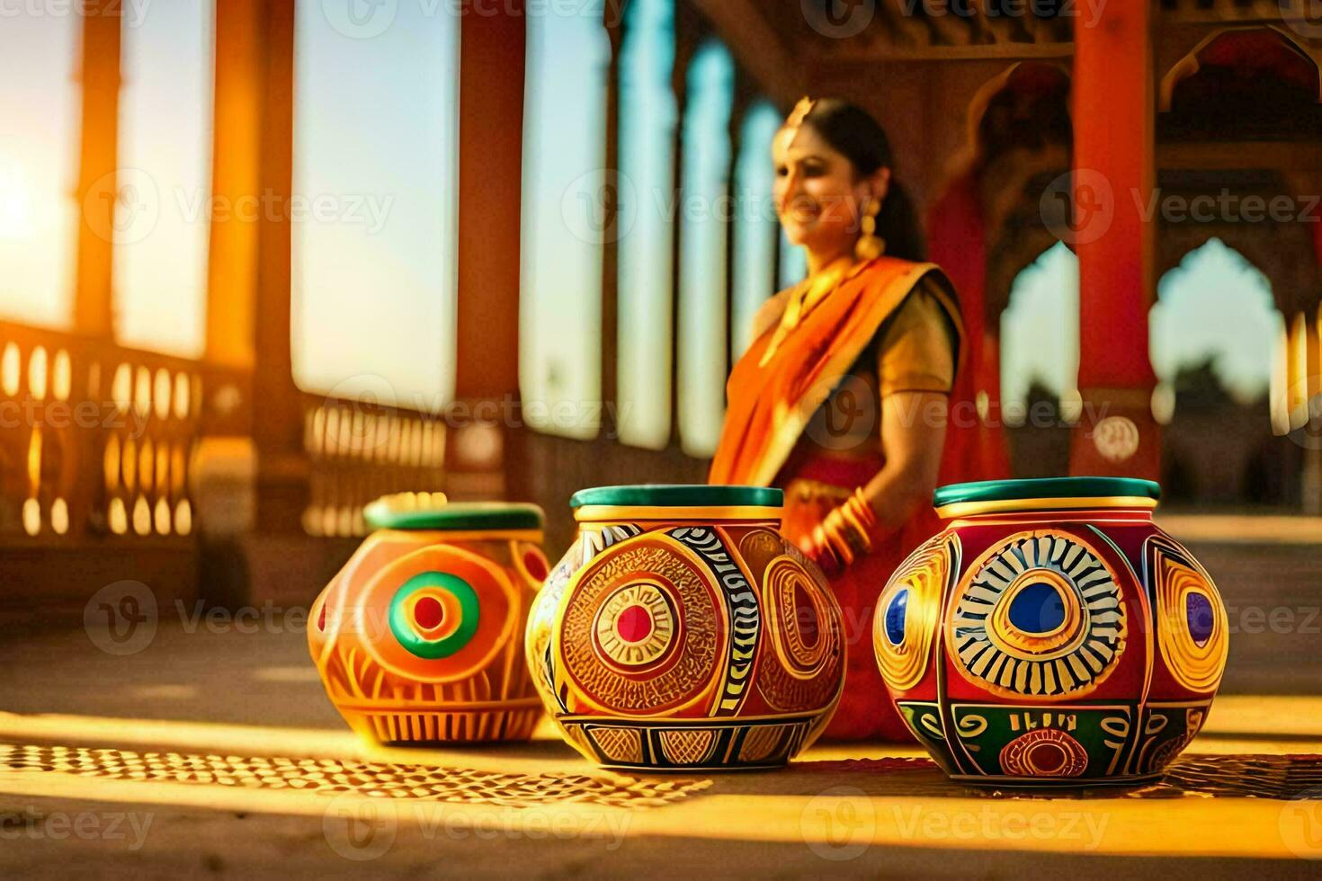 a woman in an indian sari sits next to colorful pots. AI-Generated photo
