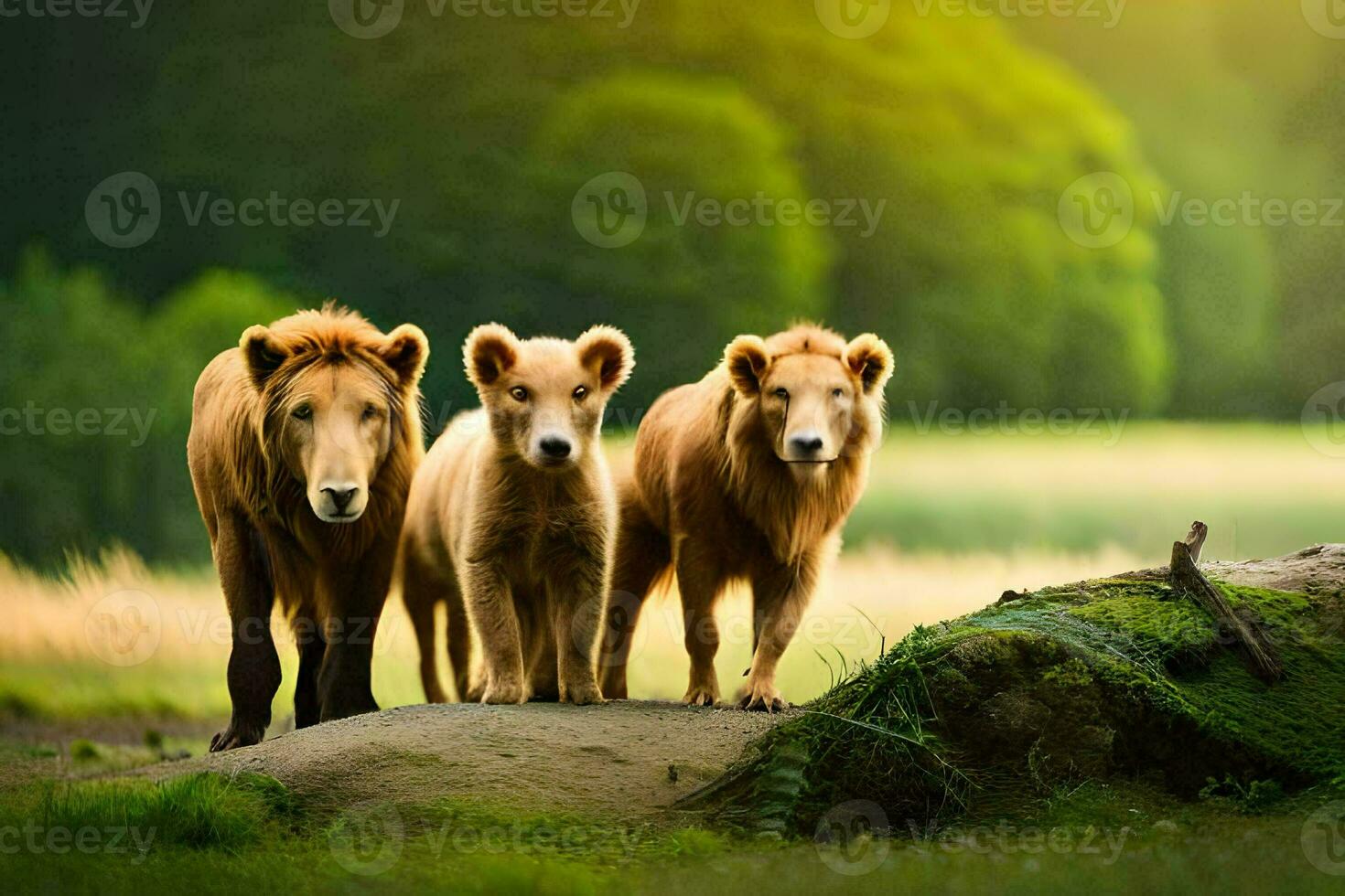 three lions standing on a rock in the middle of a field. AI-Generated photo