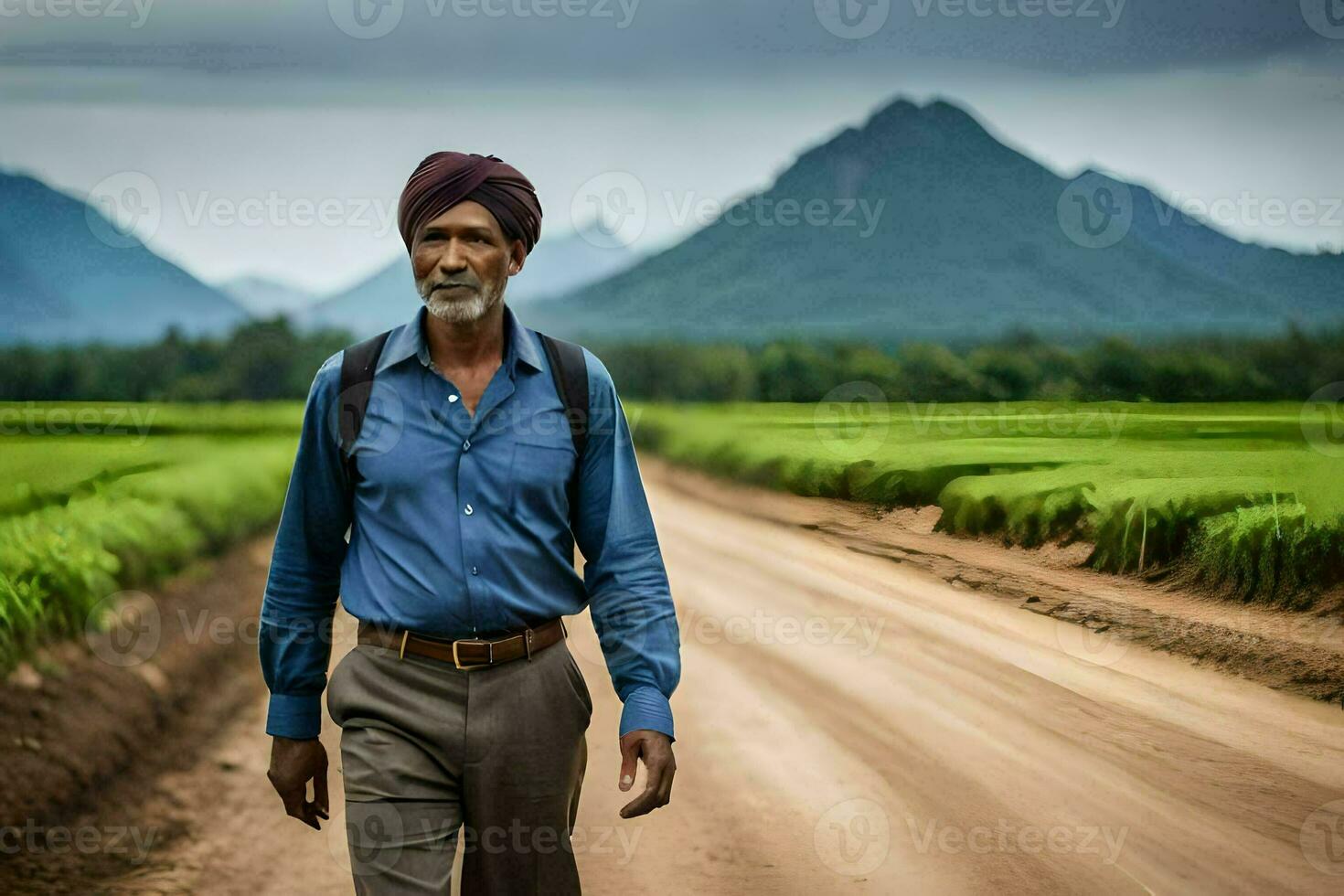 an indian man walking down a dirt road. AI-Generated photo
