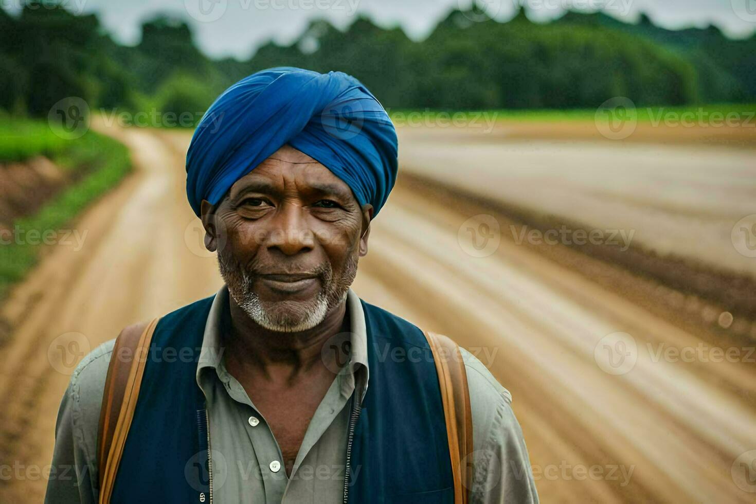 a man wearing a turban stands on a dirt road. AI-Generated photo