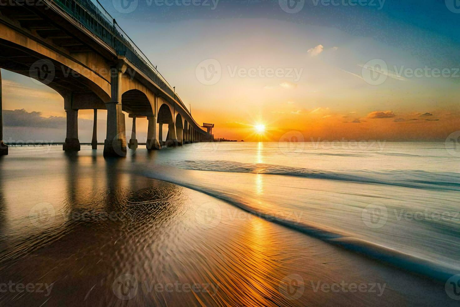 the sun sets over the ocean and a bridge. AI-Generated photo