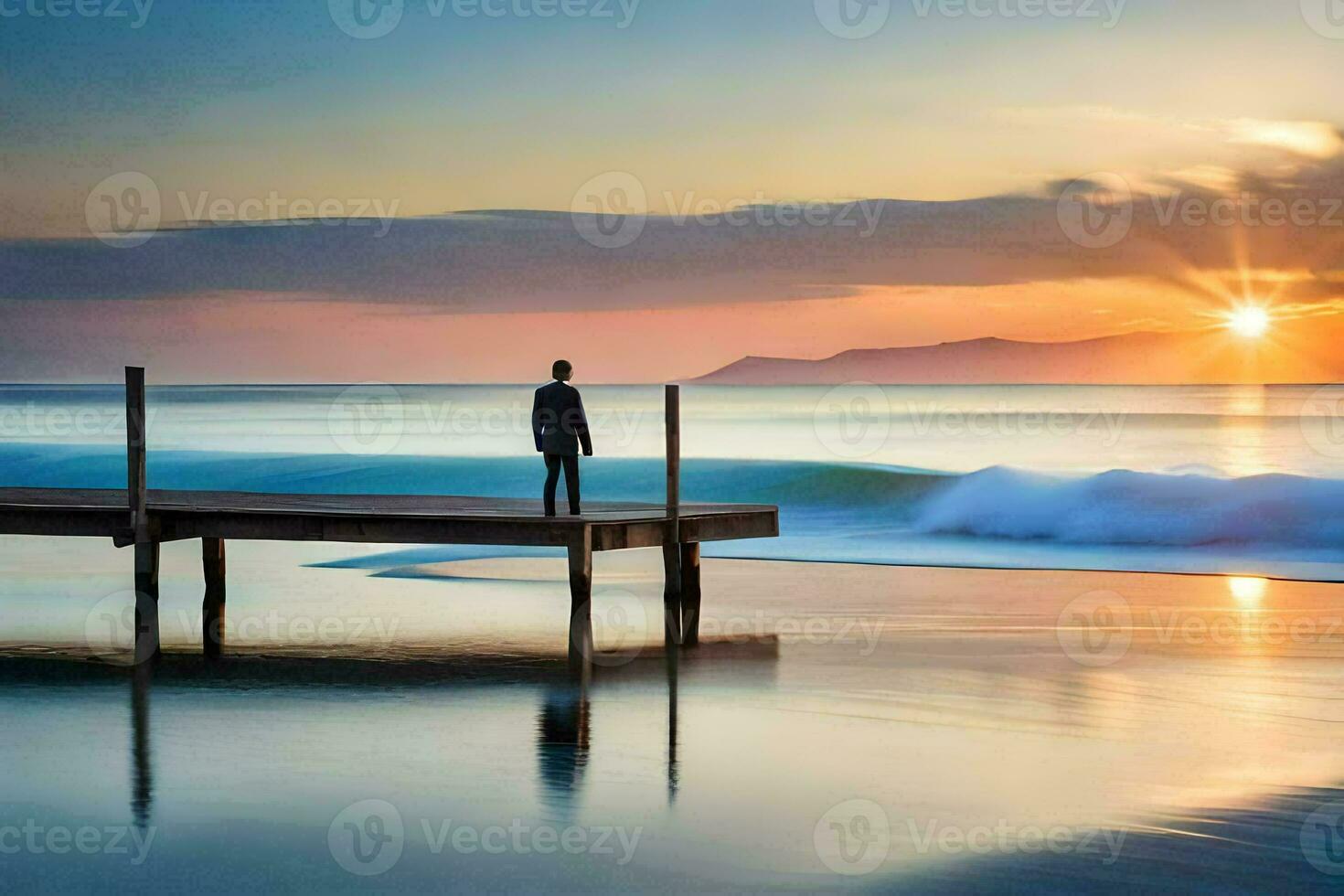 a man stands on a pier looking at the ocean at sunset. AI-Generated photo