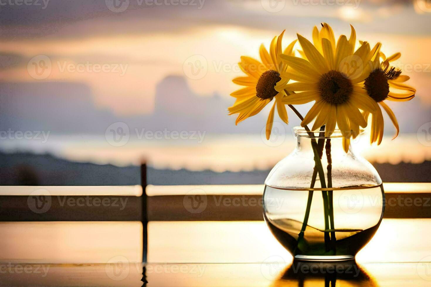sunflowers in a vase on a table with a view of the sunset. AI-Generated photo