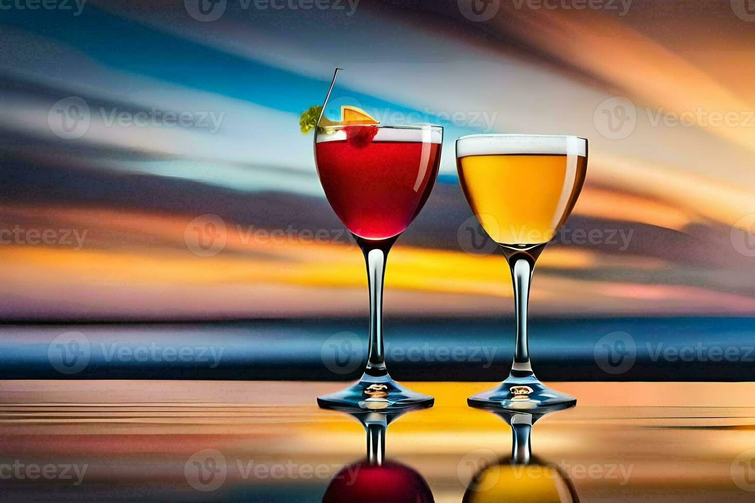 two glasses of alcohol with a sunset in the background. AI-Generated photo