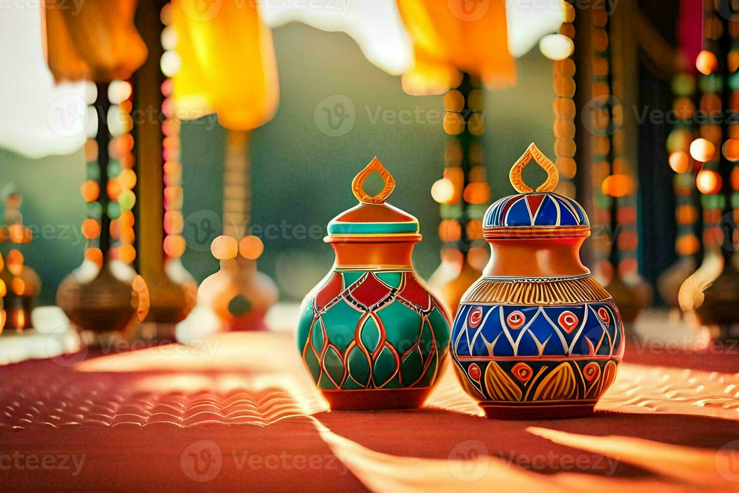 two colorful vases sit on a table. AI-Generated photo