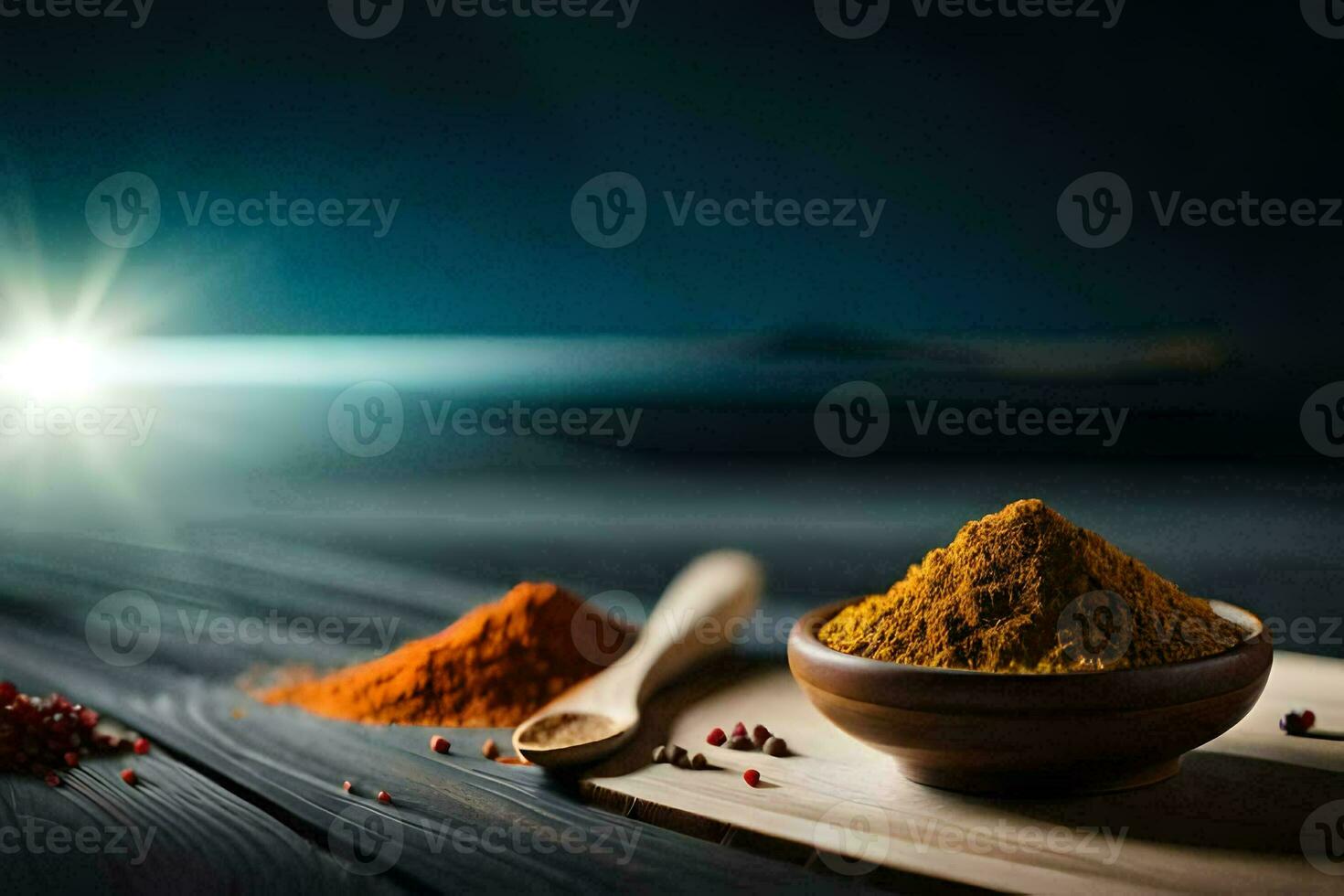 spices in a bowl and spices in a wooden spoon on a wooden table. AI-Generated photo