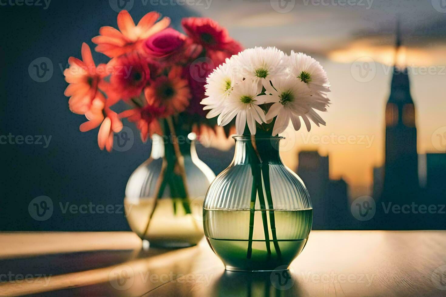 two vases with flowers on a table in front of a city skyline. AI-Generated photo