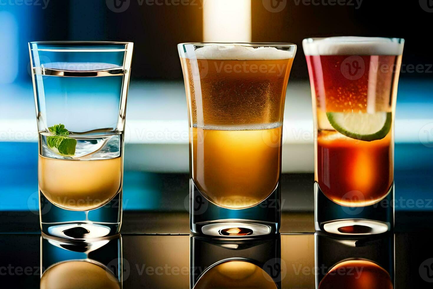 three different types of drinks in glasses. AI-Generated photo