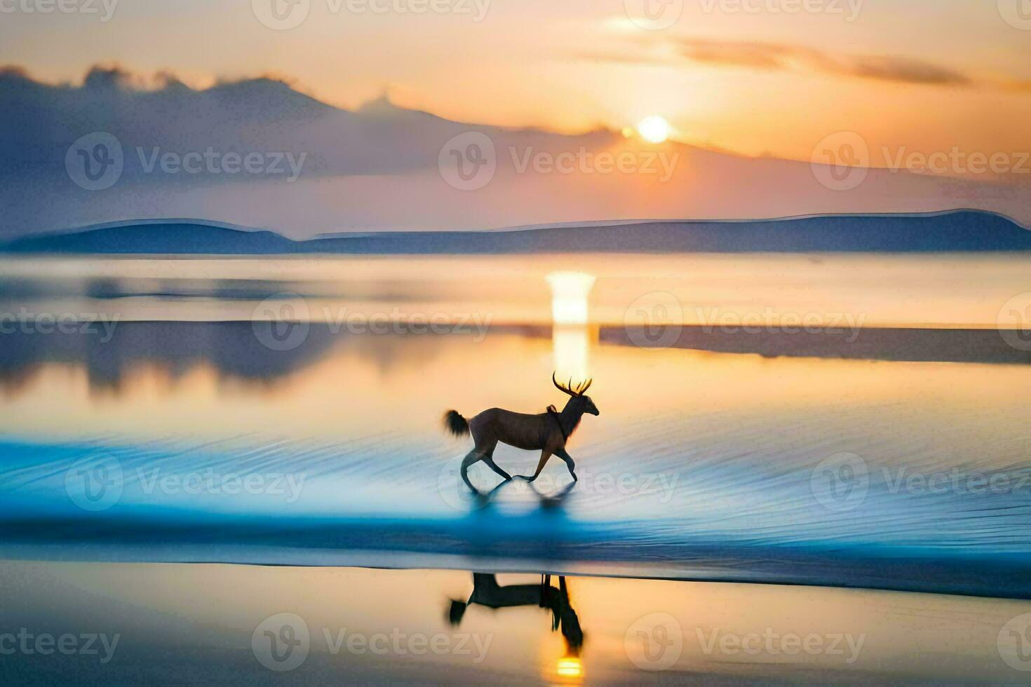 a deer running on the beach at sunset. AI-Generated photo