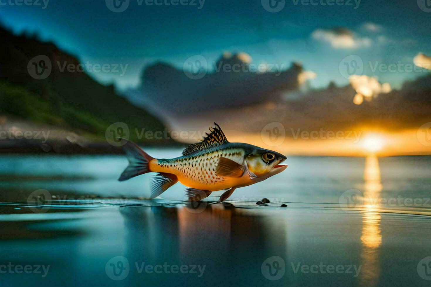 a fish is standing on the beach at sunset. AI-Generated photo