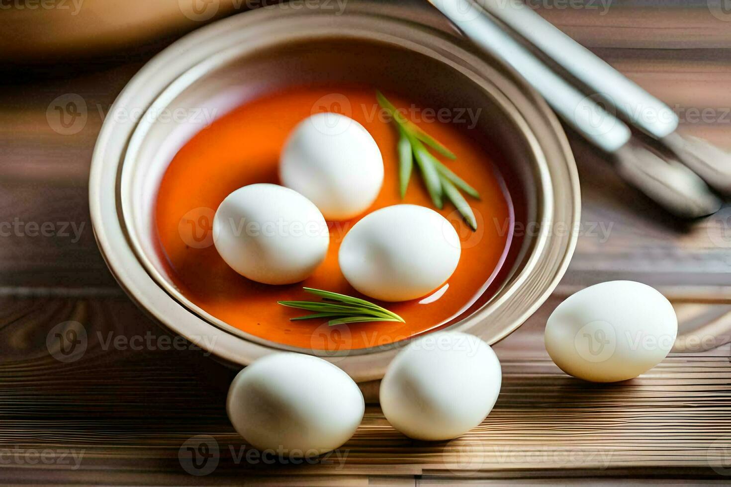 eggs in a bowl with sauce and sprigs of rosemary. AI-Generated photo