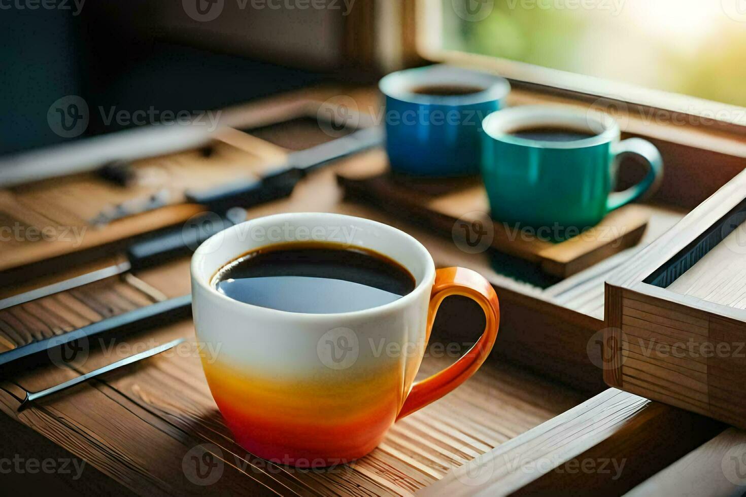 two coffee cups on a wooden tray. AI-Generated photo