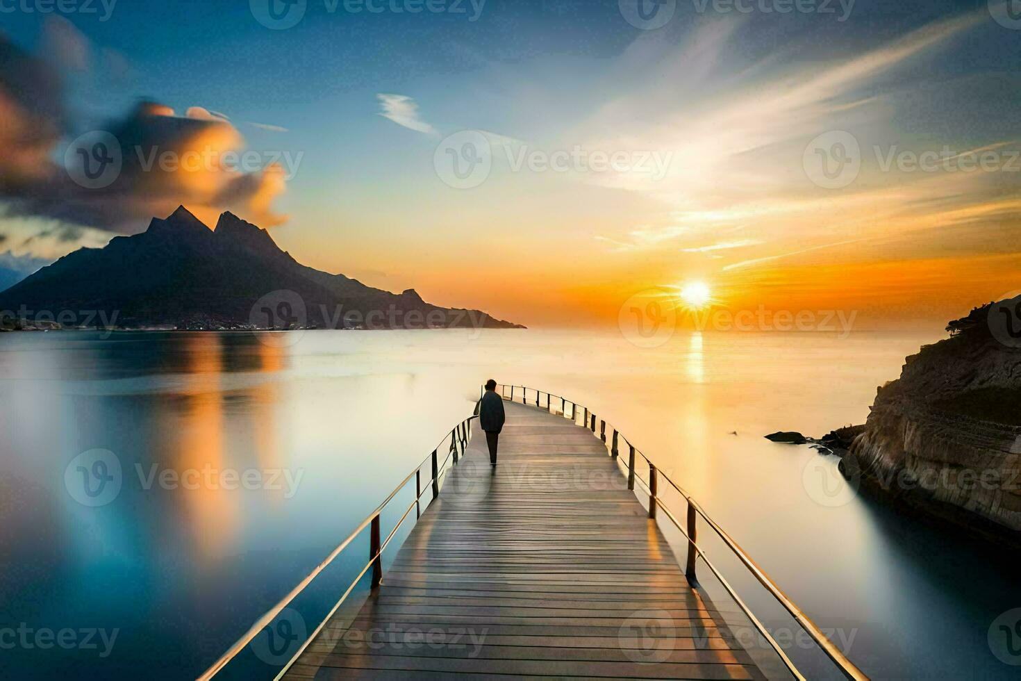 a man walks along a pier at sunset. AI-Generated photo