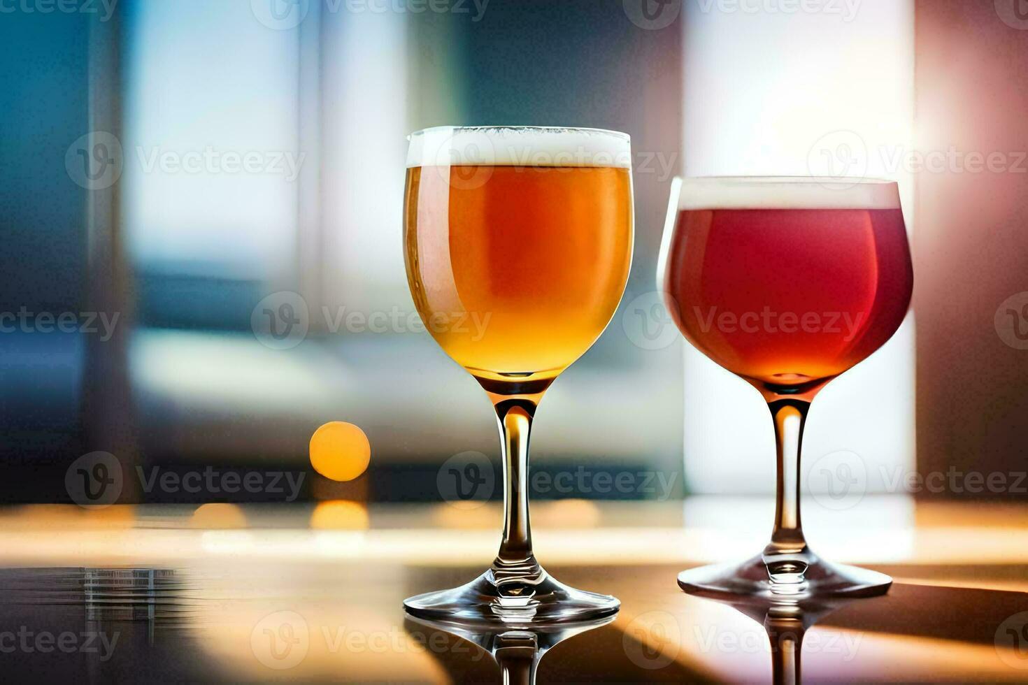 two glasses of beer on a table. AI-Generated photo