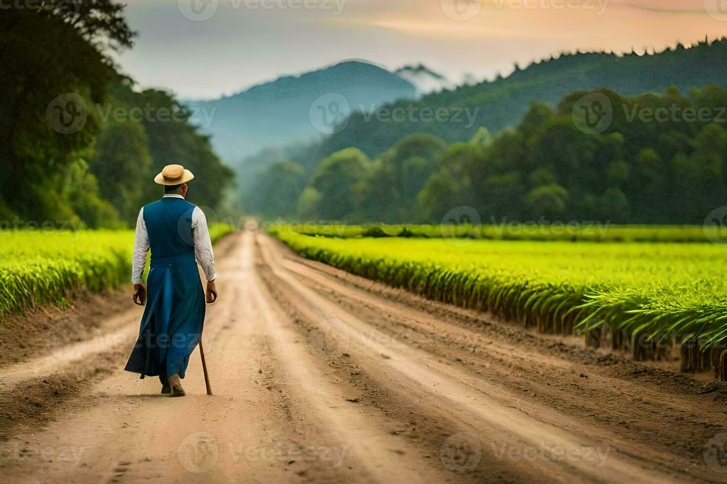 a man walking down a dirt road in a field. AI-Generated photo