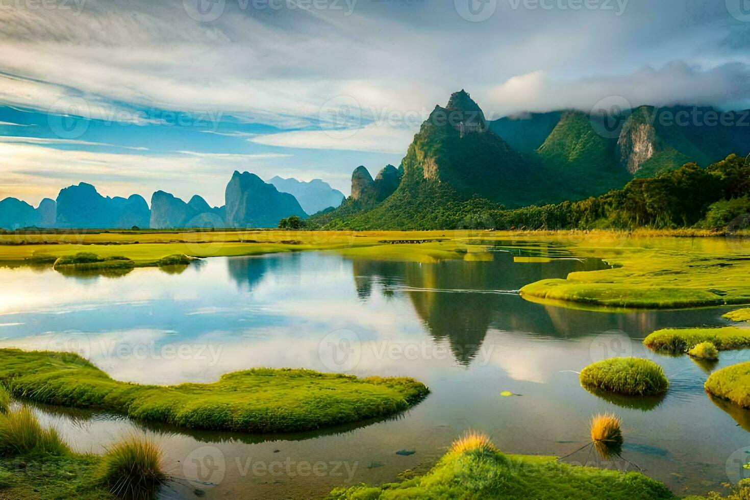 the landscape of li river and mountains in china. AI-Generated photo