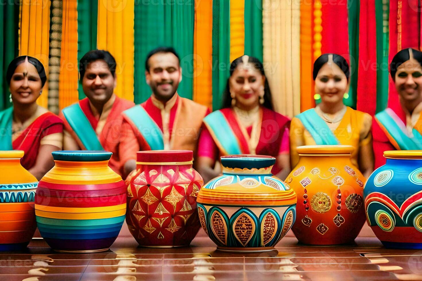 a group of people in colorful saris posing for a picture. AI-Generated photo