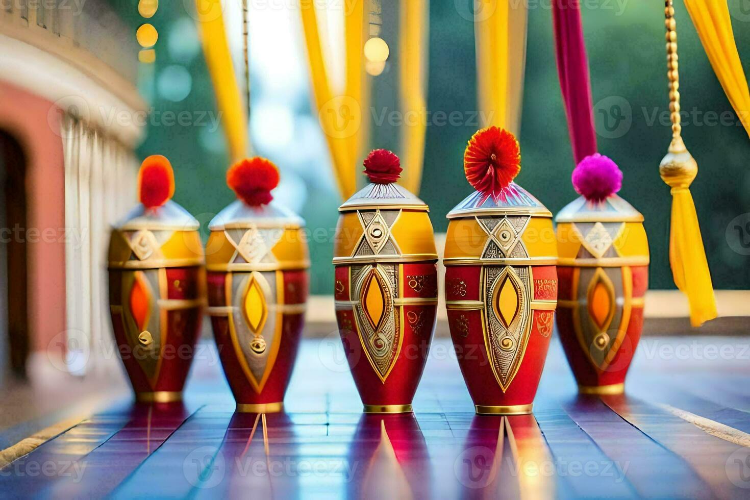 a row of colorful vases with red and yellow ribbons. AI-Generated photo