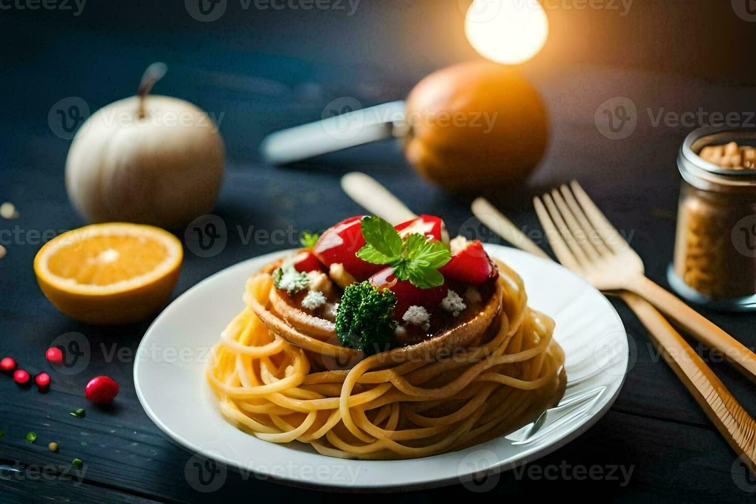 spaghetti with vegetables and meat on a plate. AI-Generated photo