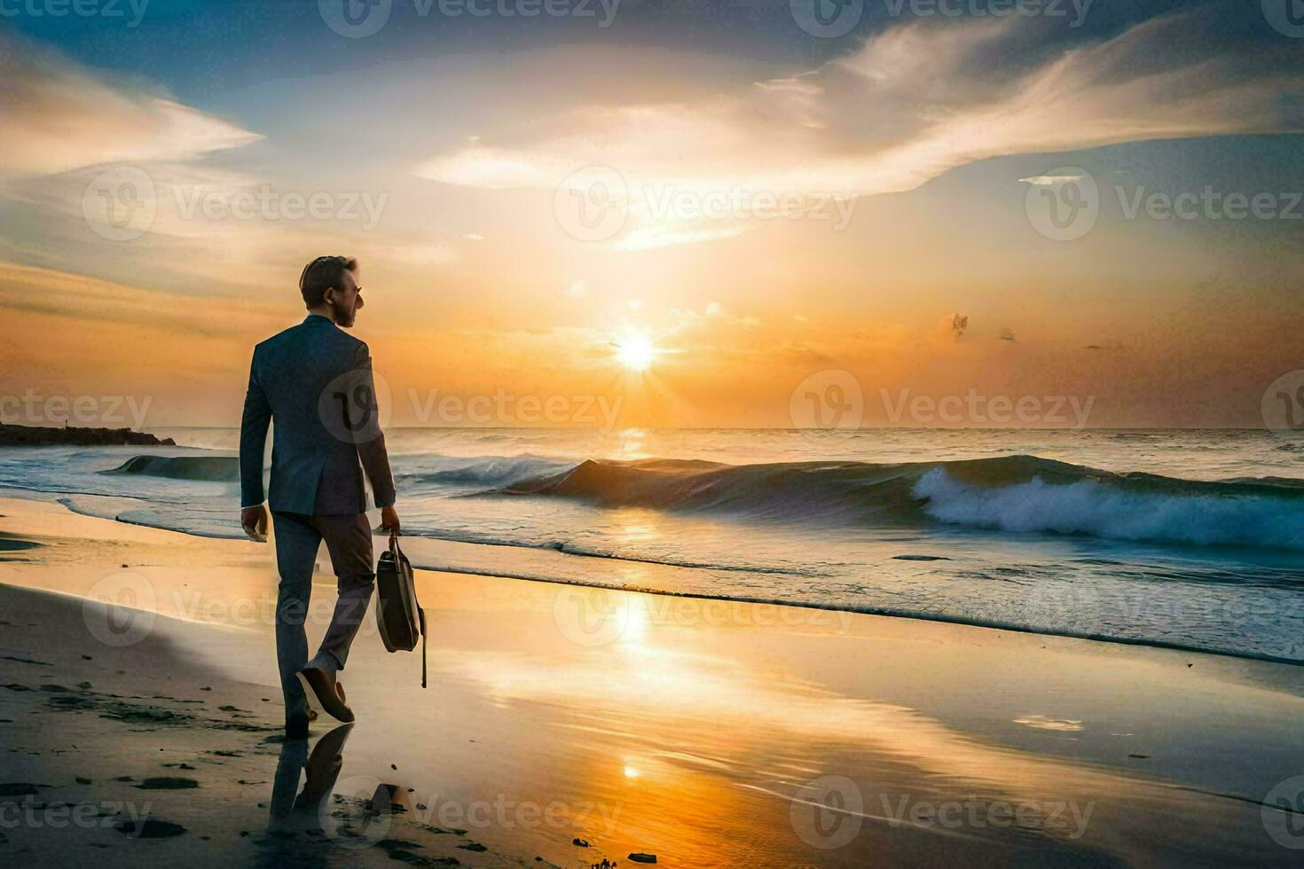a man in a suit walks on the beach at sunset. AI-Generated photo