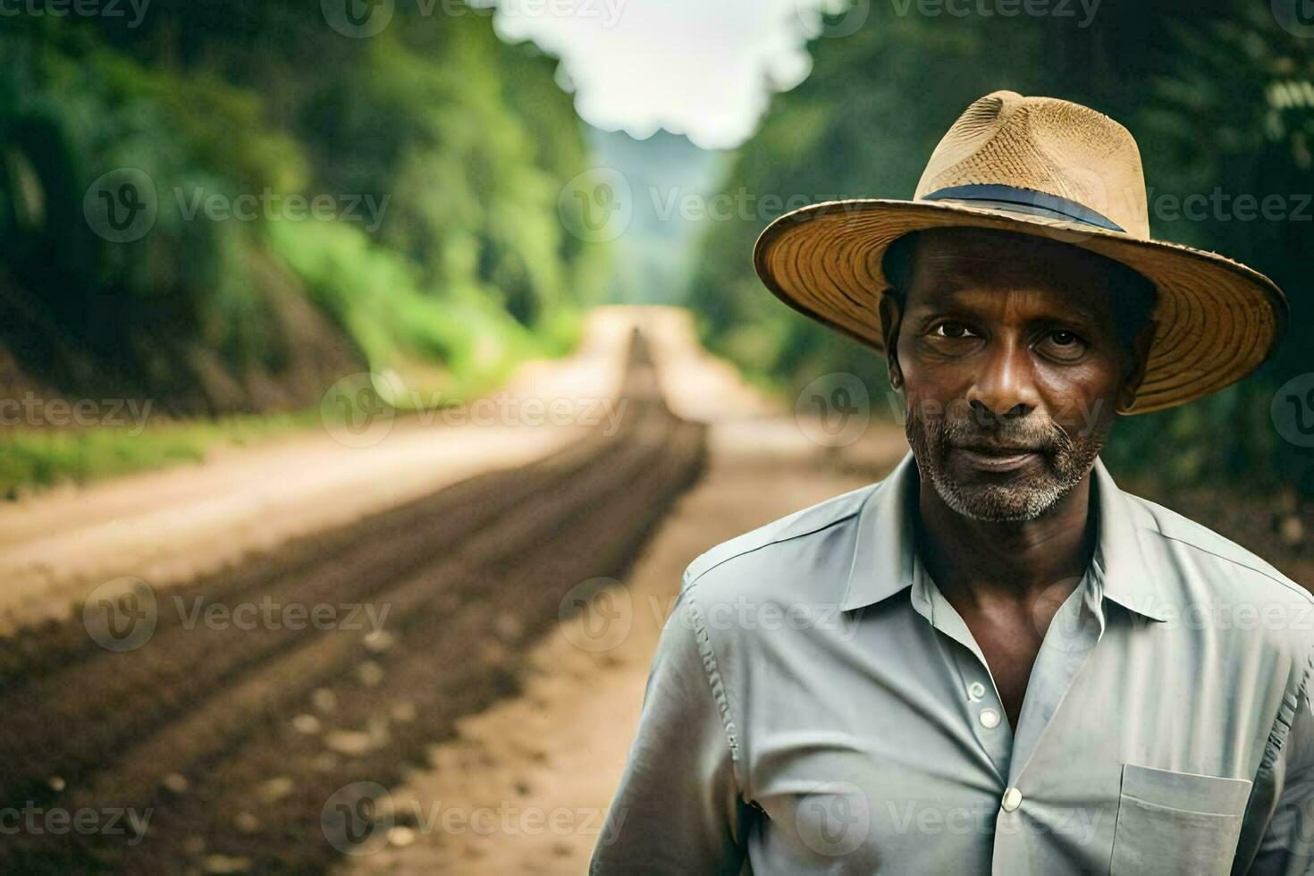 a man in a hat standing on a dirt road. AI-Generated photo