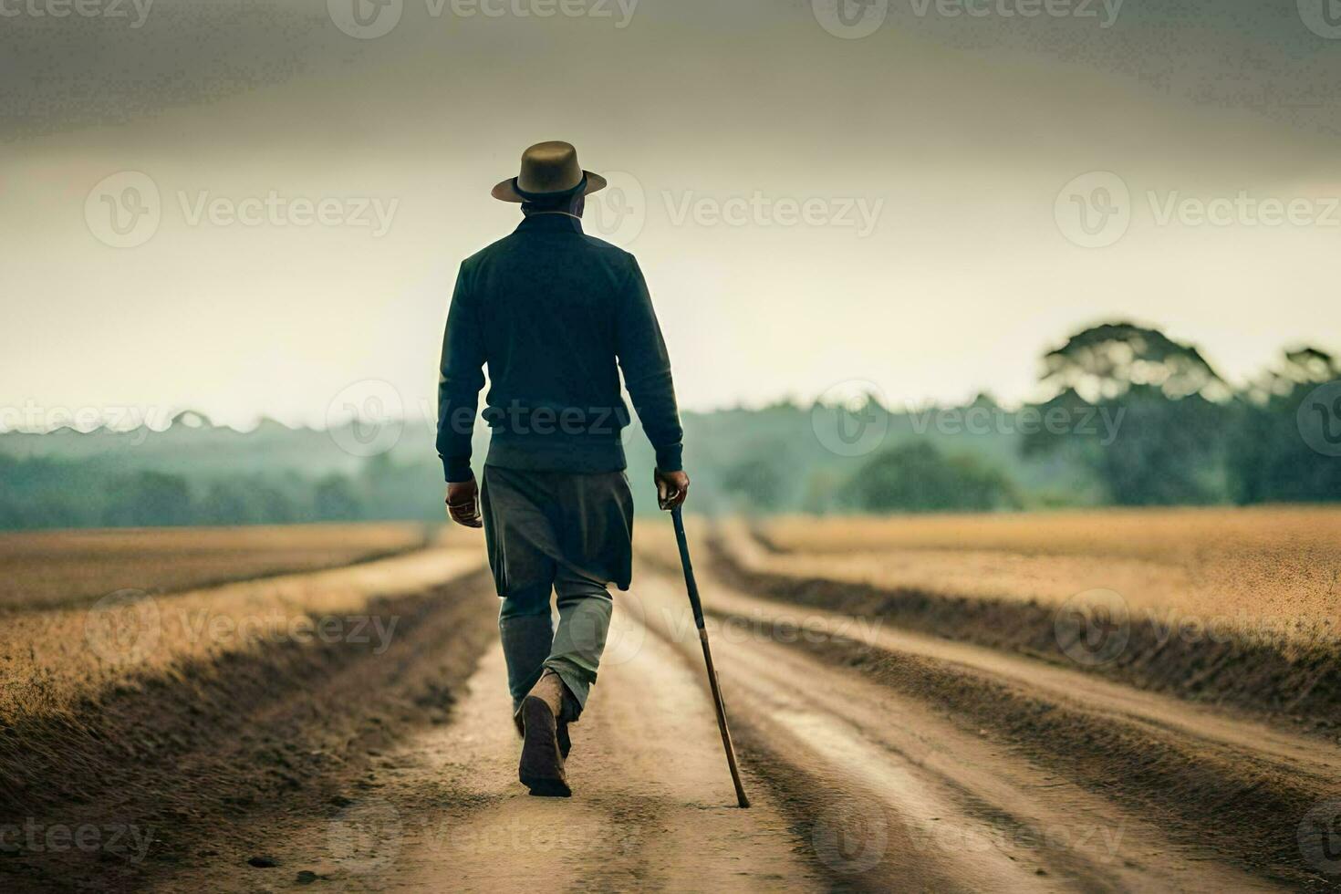 a man walking down a dirt road with a cane. AI-Generated photo