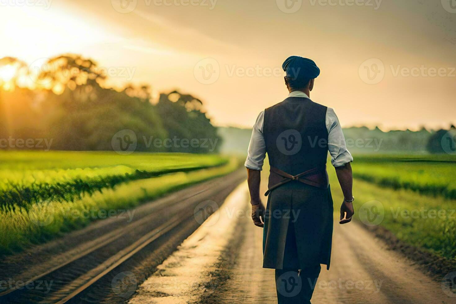 a man in a hat and vest walking down a road. AI-Generated photo