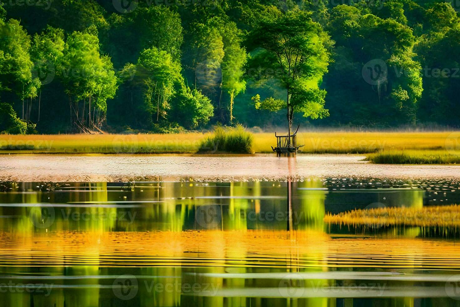 a tree is standing in the middle of a lake. AI-Generated photo