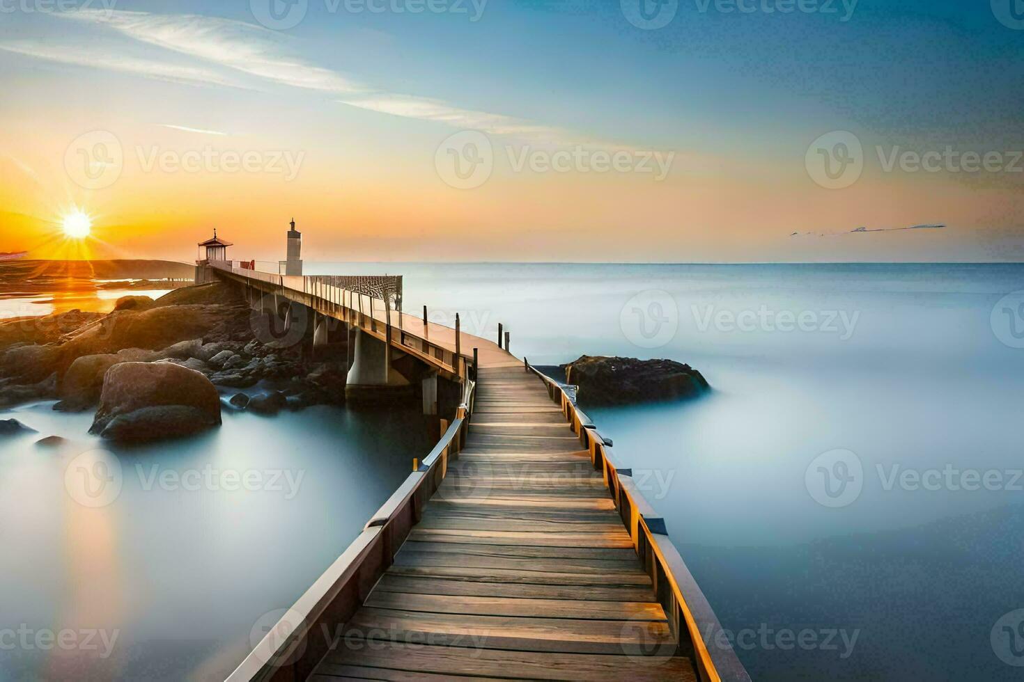 a wooden pier with the sun setting over the ocean. AI-Generated photo