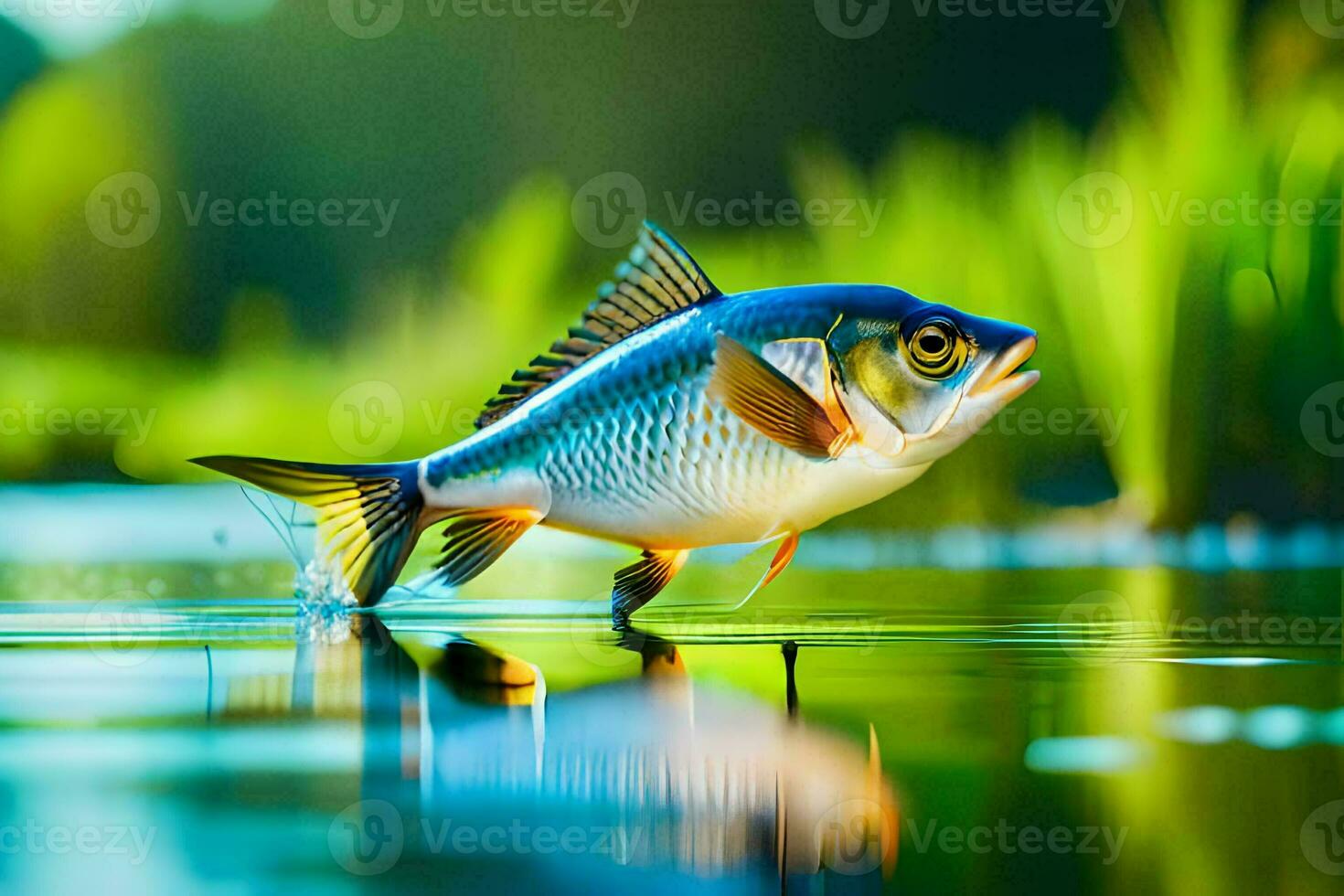 a fish is standing on the water in front of grass. AI-Generated photo