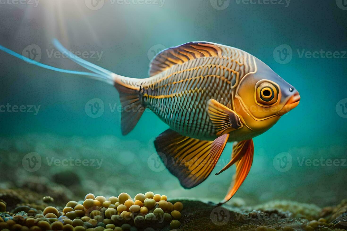 a fish with a long tail and a bright orange body. AI-Generated photo