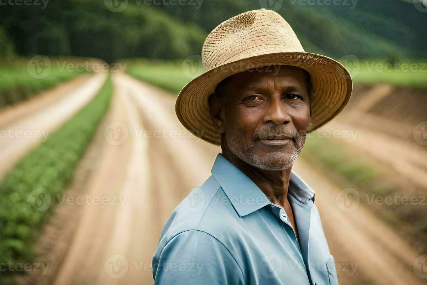 a man in a hat standing in a field. AI-Generated photo