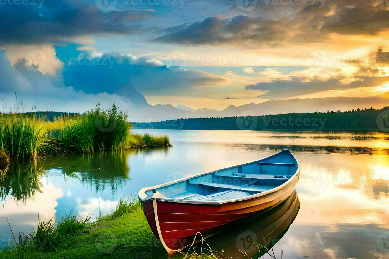 a boat sits on the shore of a lake at sunset. AI-Generated photo